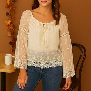 American Rag XS Cream Embroidered Top Sheer Statement Sleeves, Fall Boho Size XS